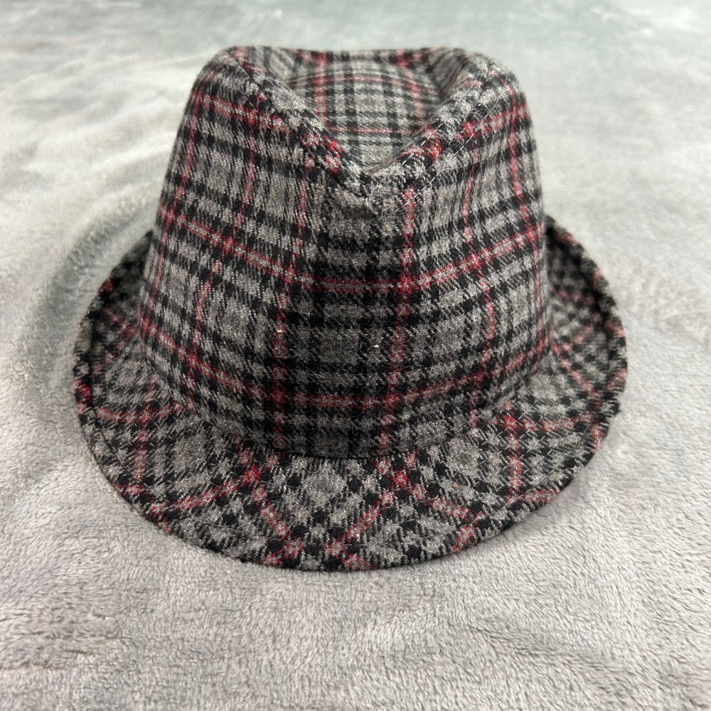 Grey Plaid Fedora Trilby Hat Red Black Check Pattern One Size RN 98070